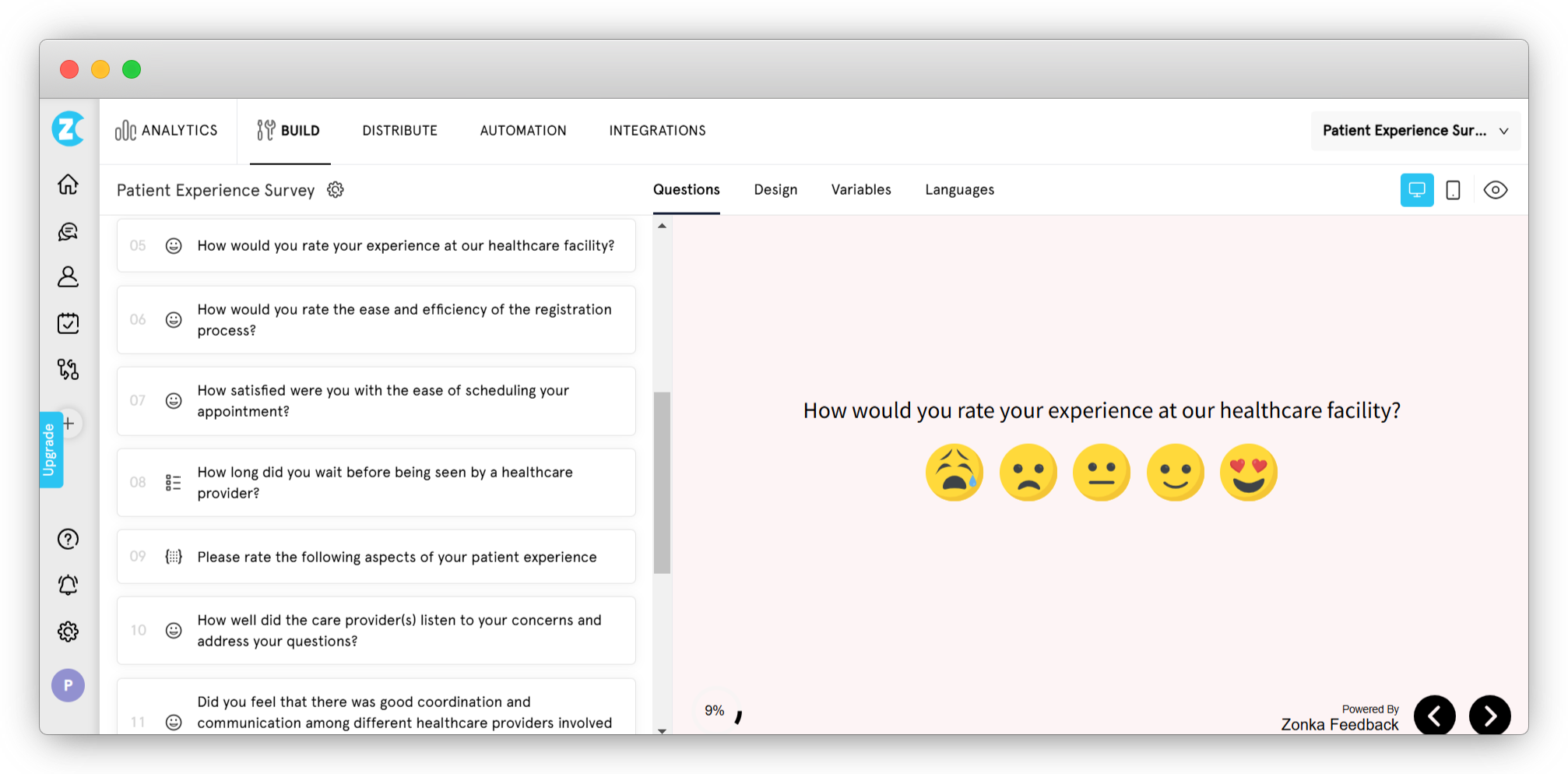 An image showing Zonka Feedback Patient Feedback Survey Builder where you can customize the survey to gauge the consumer assessment of healthcare accurately