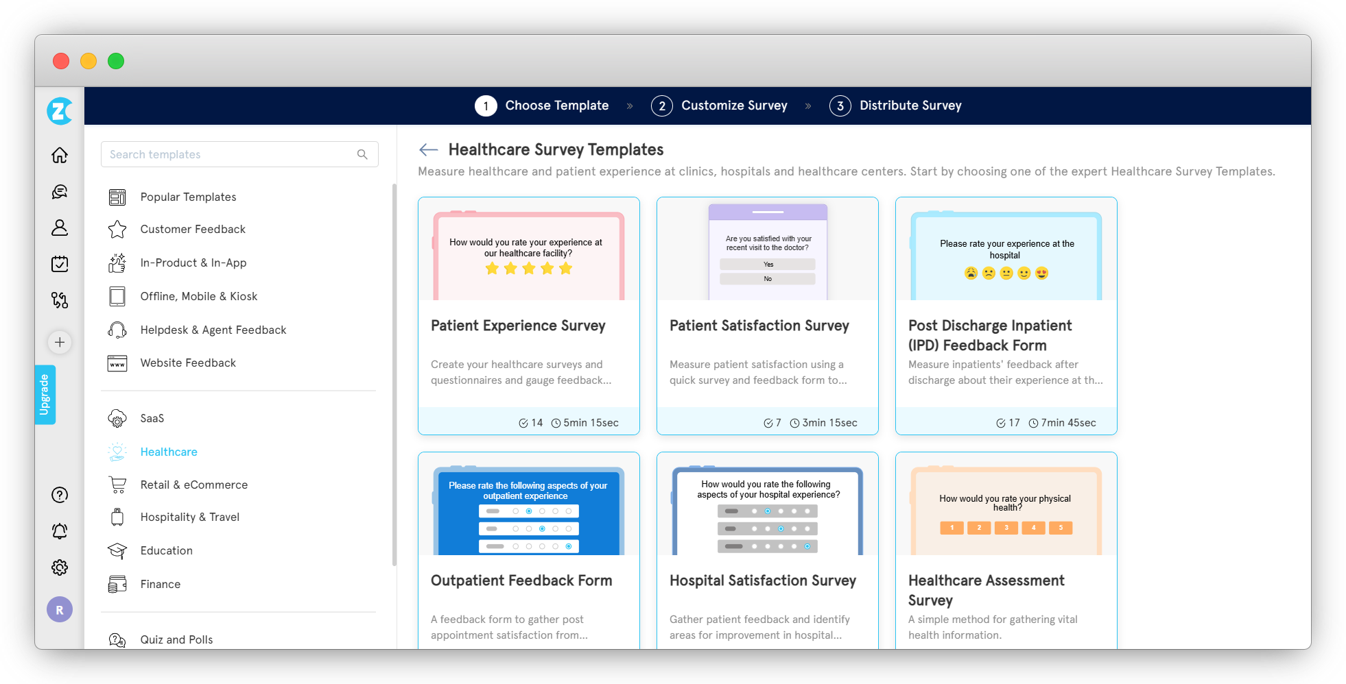 An image showing Zonka Feedback Patient Feedback templates that you can use to analyze health care of the patients, medicaid services, hospital care, and overall patient satisfaction