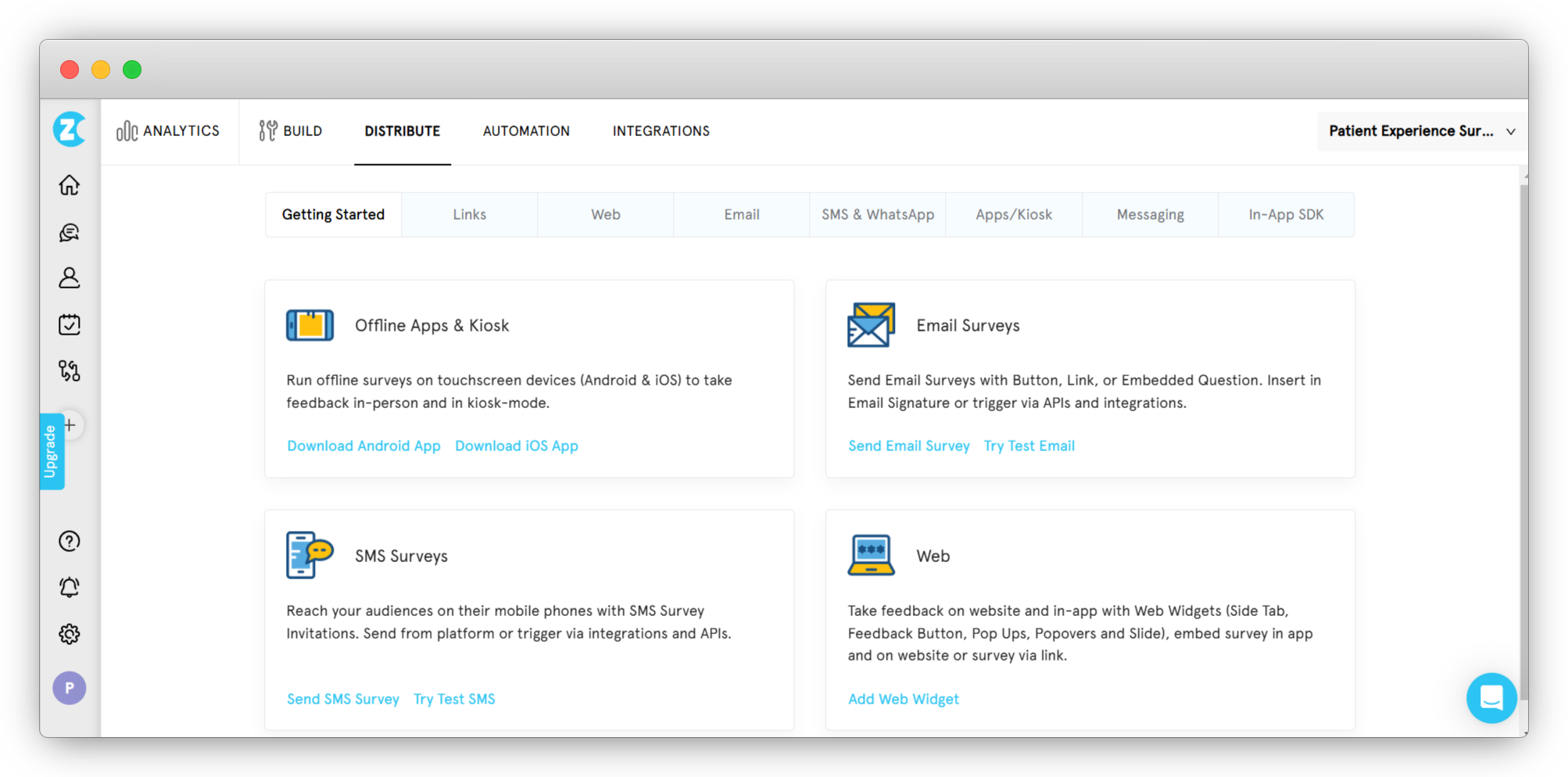 An image showing Zonka Feedback omnichannel survey distribution like NPS Desktop, CSAT, CES,Widget Tab, asking patient feedback questions about health plans, care providers, acute care hospitals, health care providers, quality assurance, nursing care, patients experiences, public reporting and more