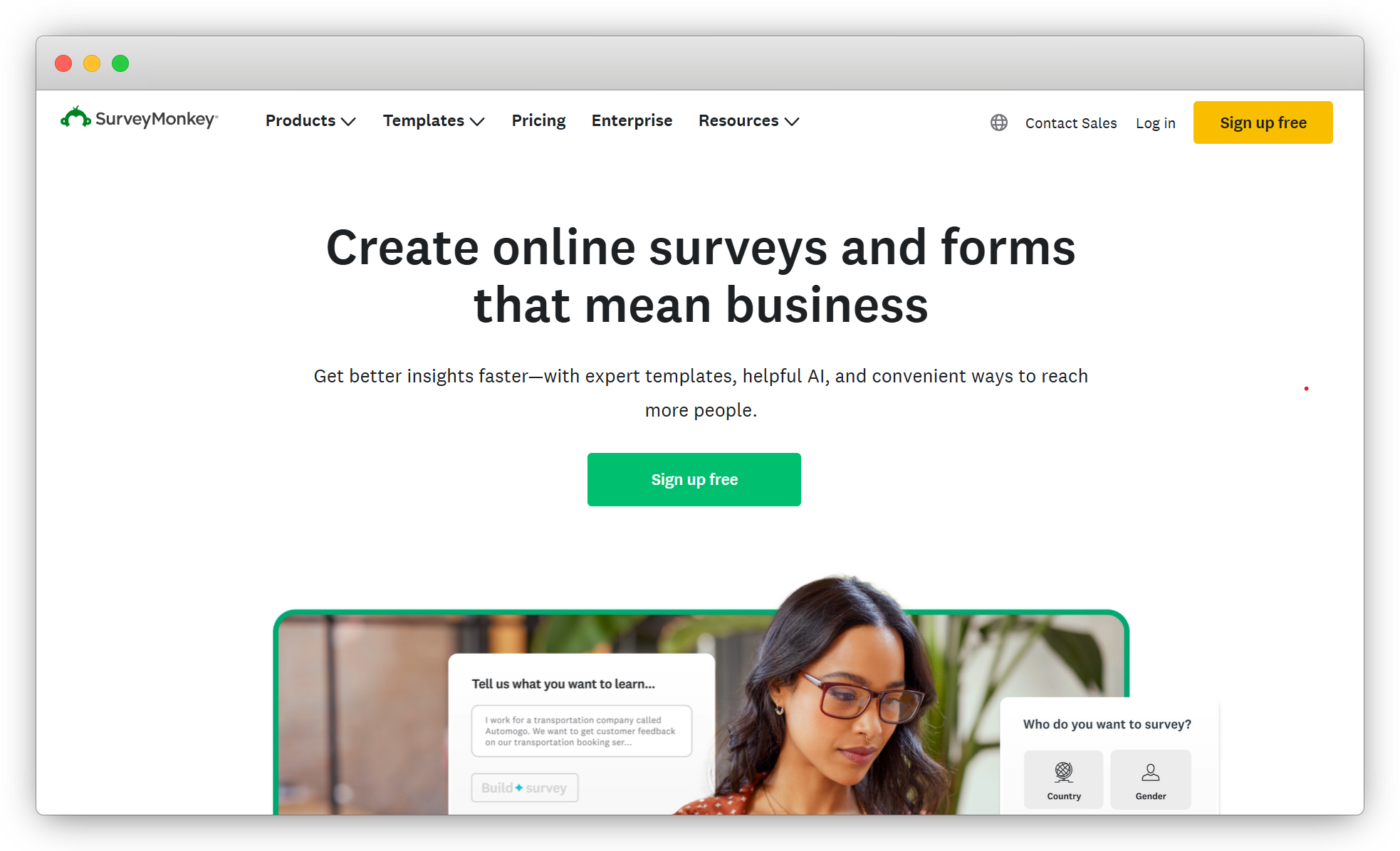 An image showing SurveyMonkey homepage as an email survey tool to create unlimited surveys, use survey questions, and conduct market research hasslefree