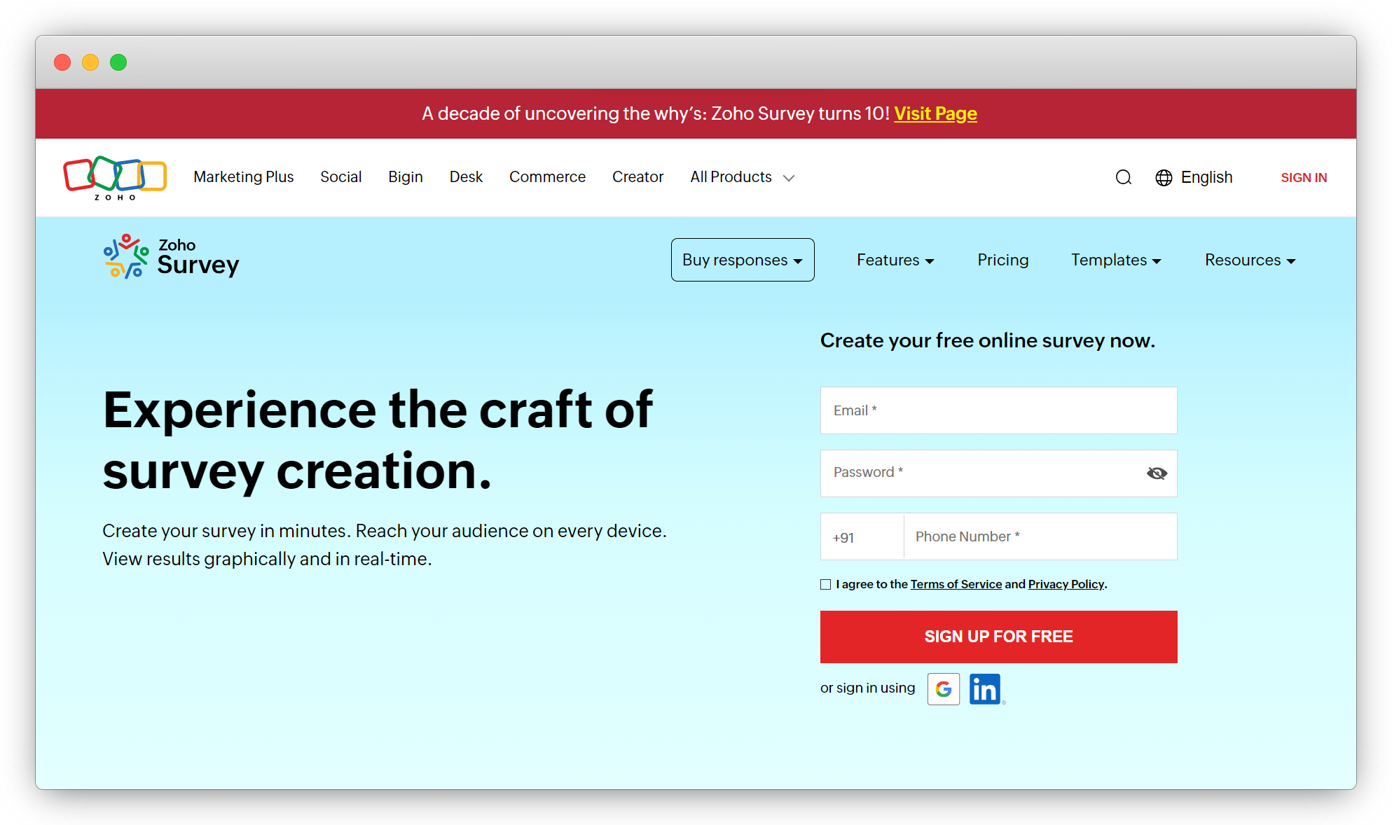 An image showing the Zoho Survey tool homepage to create custom surveys and gather survey responses effectively