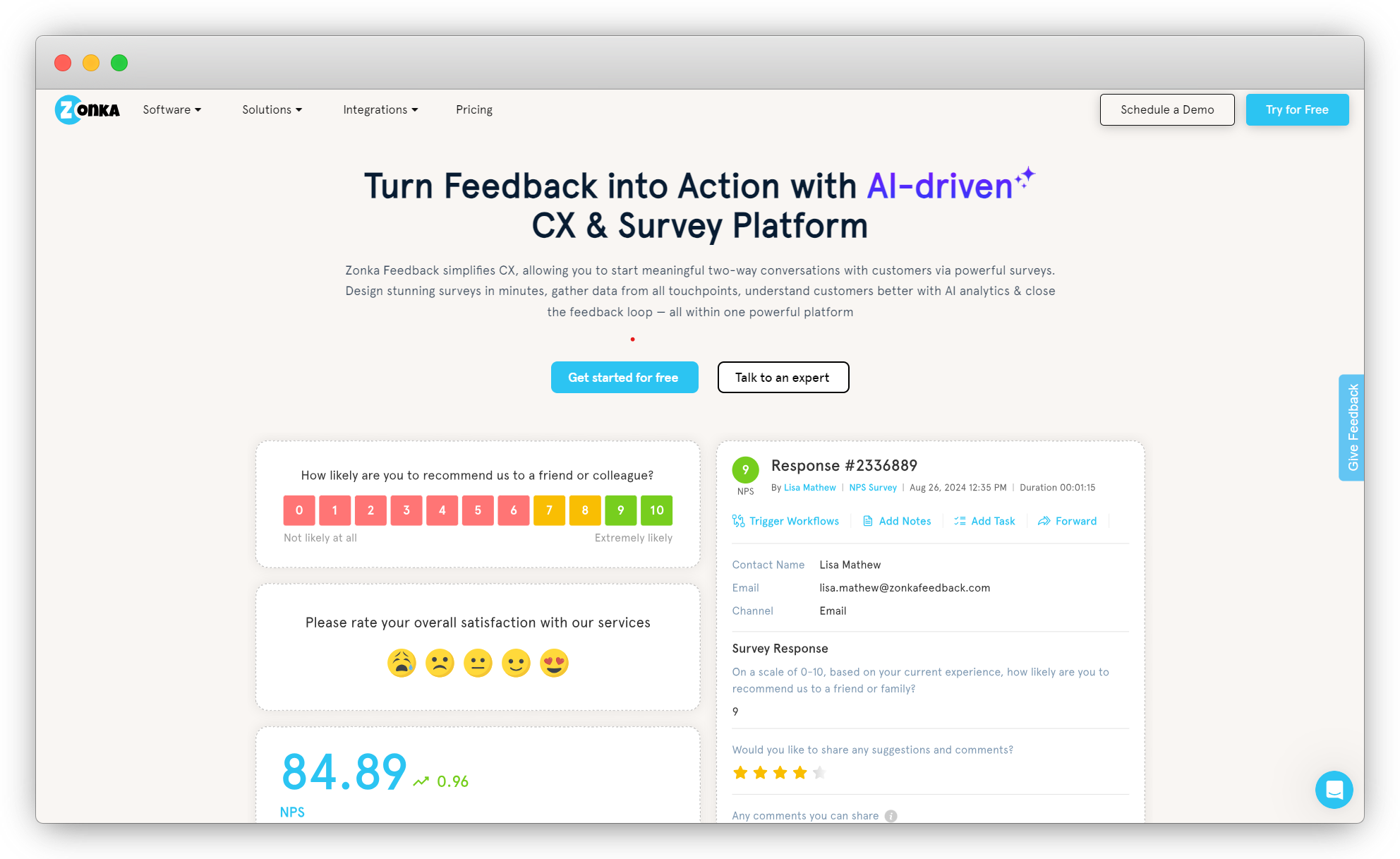  An image showing the website of the best NPS software tool, Zonka Feedback to create an NPS survey with AI hasslefree